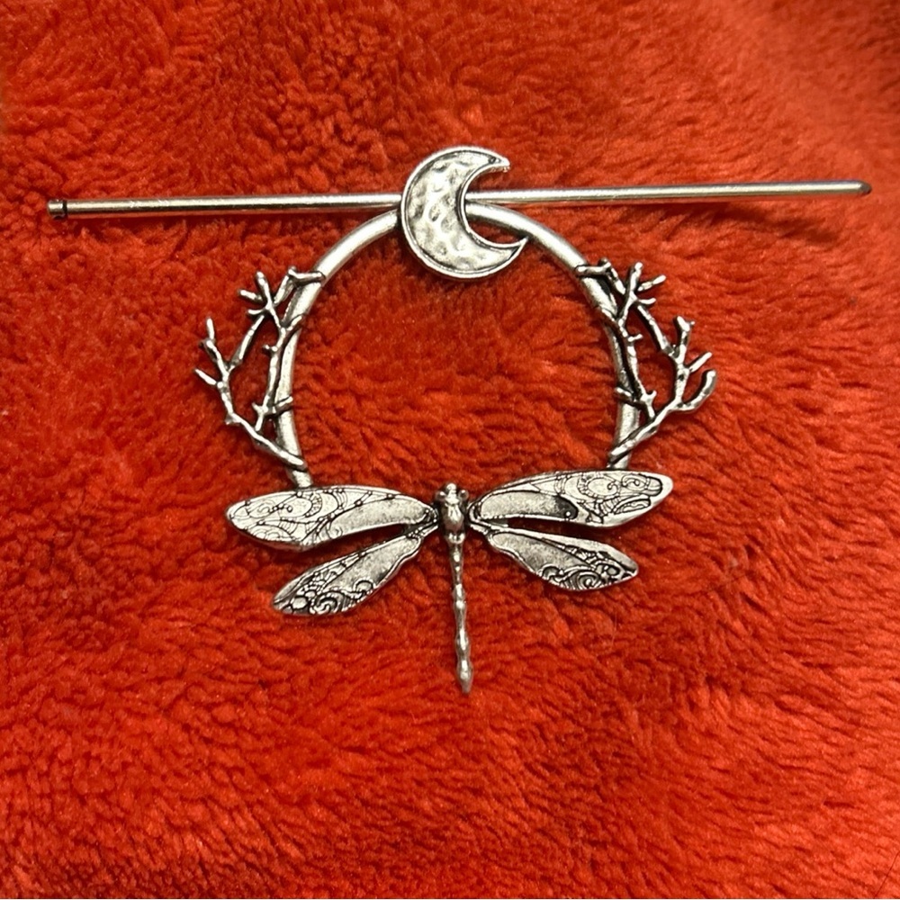 Silver Dragonfly with Moon & branches Hair Pin Set